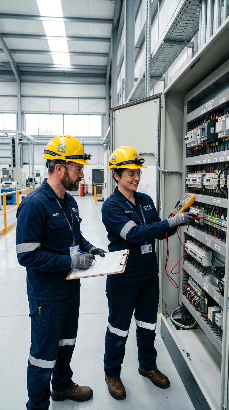 Eletricistas da ZancaVolt inspecionando um quadro de distribuição